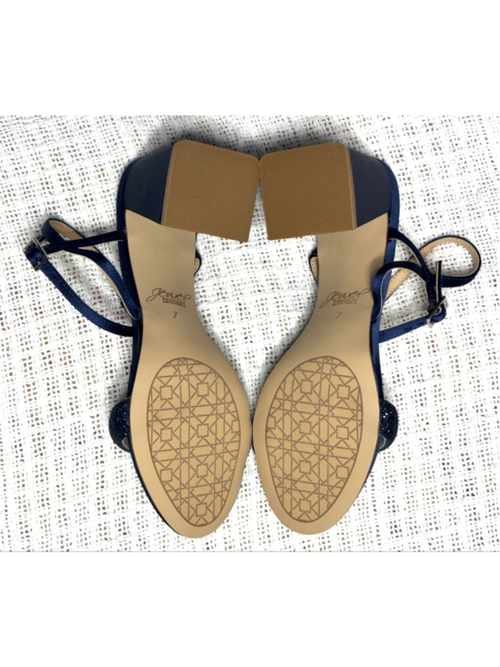 Jewel Badgley Mischka Strappy Navy Satin Rhinestone Block Heel SZ 7 Formal Party - Picture 7 of 11